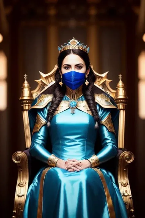 modelshoot style, (extremely detailed 8k wallpaper),a medium shot family photo of swedish older female future war queen sitting on royal throne, castle, indoors ((scar)), braided hair, royal, golden crown, earrings, queen, cyberpunk, ((cyborg)), ((breathing mask)), robot, sci fi, ((dystopian)), Intricate, High Detail, dramatic, action shot, battle environment, war, skin pores, very dark lighting, heavy shadows, detailed, detailed face, (vibrant, photo realistic, realistic, dramatic, dark, sharp focus, 8k), (weathered greasy dirty blue and gold futuristic royal dress:1.3)