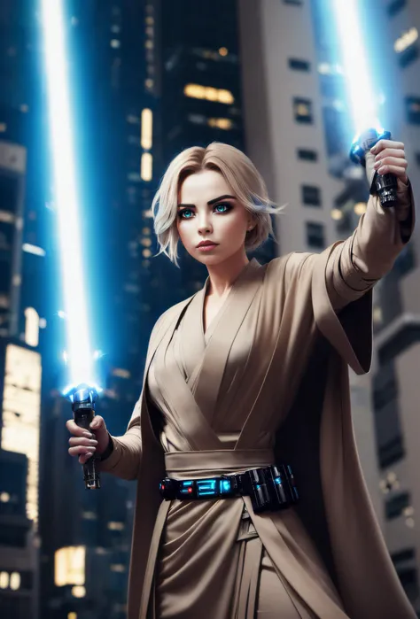 (realistic_eyes:1.4), (highly_detailed:1.4), photography, woman as jedi, battle stance, beige_jedi_robe, grey_pants, black_boots, futuristic city backround, intricate, highly detailed, professional, hd, 8k, soft lighting