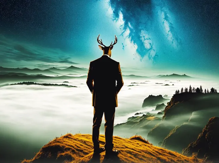 (best quality, masterpiece, realistic:1.2), low-saturation, low contrast photo,
4K, film, photorealistic, cinematic lighting, depth of field, wide-angle, sharp focus at face,
(a man with deer head:1.2), peaceful, calm, (wearing dark brown suit coat:1.2),
intricate beautiful eyes, (man standing, full body:1.4), full antlers in scene, stars on sky,
gray simple background, windy cliff, fog, night, gloomy mood,
<lora:deerantlers:0.7>,
<lora:add_detail:-0.7>
