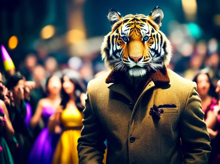 (best quality, masterpiece, realistic:1.2), photo,
4K, film, photorealistic, sharp camera focus, cinematic lighting, depth of field,
(a man with a tiger head:1.2), stylish dark brown parka,
raising up arms, roaring, (standing, full body:1.4),
(glamorous party, people in background, pretty girls in colorful dresses:1.4),
beautiful eyes, detailed background, in noisy city,
<lora:add_detail:0.4>,
<lora:wang kar wei3:0.1>