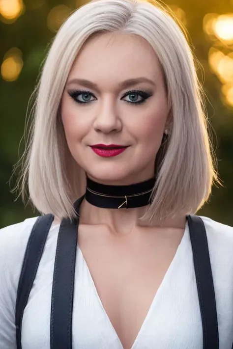 upper body portrait, ultradetailed, ultrarealistic, masterpiece, best quality, perfect hands, perfect fingers, , add details detail, award winning, professional photograph, (narrow waist:1)
(expressive face:2) (black choker:1.25), add detail
(highly clear face,very cute,Extremely cute beauty,Sexy self-confidence,proud and independent,Clear perfect eyes,phenomenal aesthetic,Amazing photos),anatomically correct, (((skinny,thin))),(slender face:1.2),
petite figure with an androgynous look. black hair dyed platinum blonde. eyes bright green, and her skin tone is fair.
( pale face) against the bold colors of her hair and clothing. Her eyes are large and expressive, often accentuated by thick black eyeliner which gives them an intense gaze. (dark lipstick:1.25) to match her eye makeup, creating a gothic-inspired look. Her eyebrows are thinly drawn in with matching color for added definition.
Her nose is small but noticeable due to its slight upturn at the end, while her lips are full and often painted in deep shades of red or purple. Overall, her face exudes a sense of mystery and intrigue
High-quality digital camera, wide angle lens, ISO 100 or lower, aperture priority mode, natural light from setting sun and off-camera flash units, reflector for skin tone depth, warm color filter/white balance adjustment, tripod for stability, slow shutter speeds, RAW format, bokeh