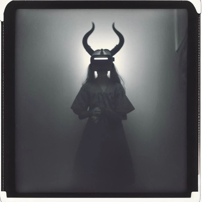 found polaroid photo of a girl using a VR headset htc vive floating in a dark hallway, grinning, possessed, devils horns, demon-girl, mist , 1910 Polaroid photo, Black and white, 1910 Polaroid photo
