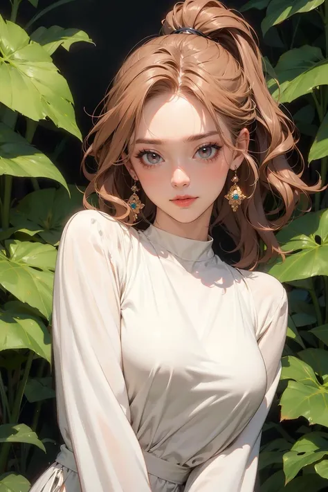 perfect face, perfect anatomy, ponytail, brown_hair, big tits, 20yo, 1girl, young woman, skin imperfection, pale skin, perfect face, puffy face, beautiful face, big eyes, puffy eyes, perfect eyes, eyelashes, full body, looking at viewer ,Botanical Gardens background , Copper eyes, Strawberry Blonde hair, Wavy Lob (Long Bob) hairstyle, medium hair,