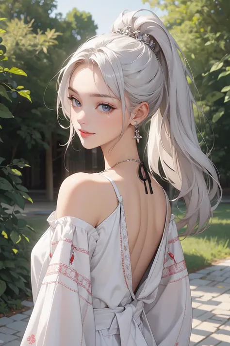(masterpiece, best quality, beautiful and aesthetic:1.3), upper body, portrait, 1girl, solo, silver hair, ponytail, very long hair, look back, smile, edgVyshivanka dress, bare shoulders, edgVyshivanka style embroidery, wearing edgVyshivanka, standing, shiny skin, beautiful face, beautiful eyes, outdoors, extreme detailed, official art, professional illustration, hires, <lora:edgVyshyvankaRediscoveryv1:1>