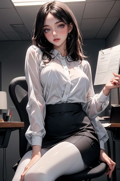 (masterpiece, best quality), a young black haired girl office secretary dressed in a transparent white blouse and black office skirt and black pantyhose ,sitting in an office chair, holding pencil, (detailed skin:1.3),(detailed eyes), (sharp focus), <lora:add_detail:1>