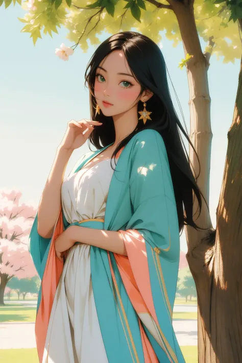 1girl, (art by Briana Mora:0.9) , colorful RAW photo, Rule of Thirds, fairy tale, body shot of a Snug Figurative Egyptian ([Birch:Éclair:4]:1.3) , it has ornate details, it is sleek, detailed Turquoise background, Peach trees with Magnolia tree, at Midday, Bokeh, Simple illustration, Manic, Princesscore, waning light, sharp and in focus, Fujicolor Pro 400H, Selective focus, One Color, full of DayGlo green, underpainting, professional, octane engine