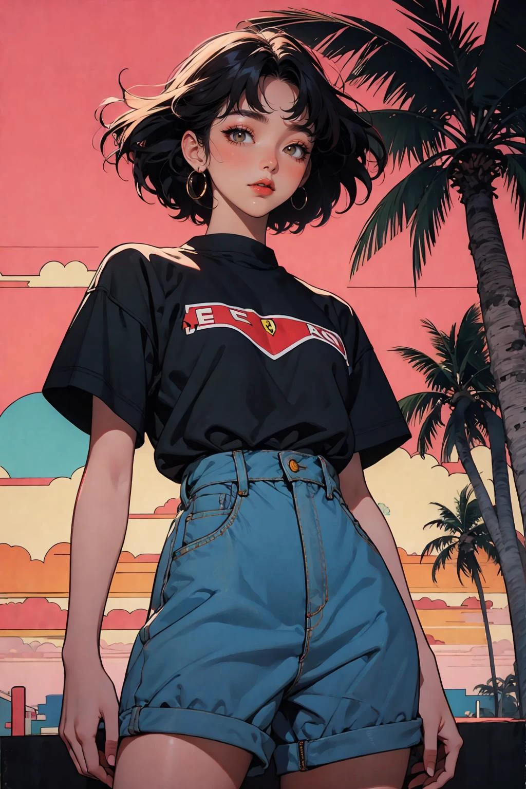 retro girl, Miami, sunset, Ferrari, palm tree, 90's, (flat colors, flat texture, lineart:1.2), graphical design, (heavy ink, ink blacks), <lora:AstrAnime_RETRO:1>