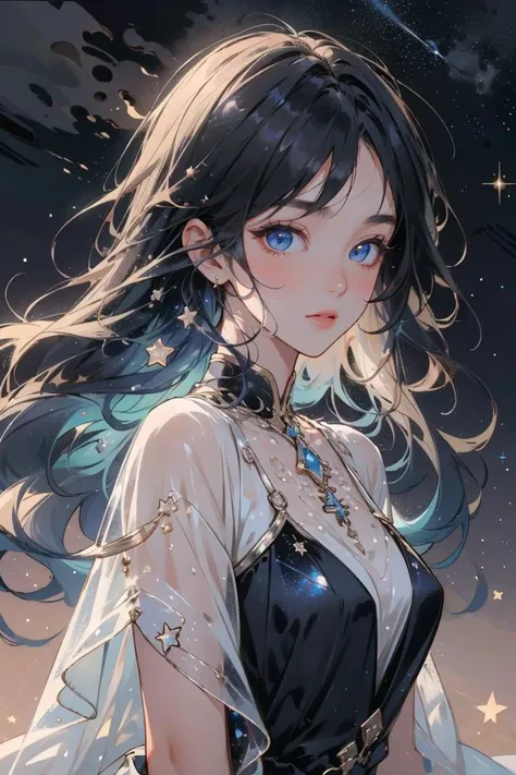 upper body, looking at viewer, fanxing, 1girl, solo, very long hair, stars in the eyes, see_through, (((glistening light))), (luminous), detailed shadow, meteor, stars, galaxy, nebula, stars in dress, messy floating hair, colored inner hair, Starry sky adorns hair, chiffon, tullece, shiny skin, beautiful face, beautiful eyes, <lora:fanxing:0.9>