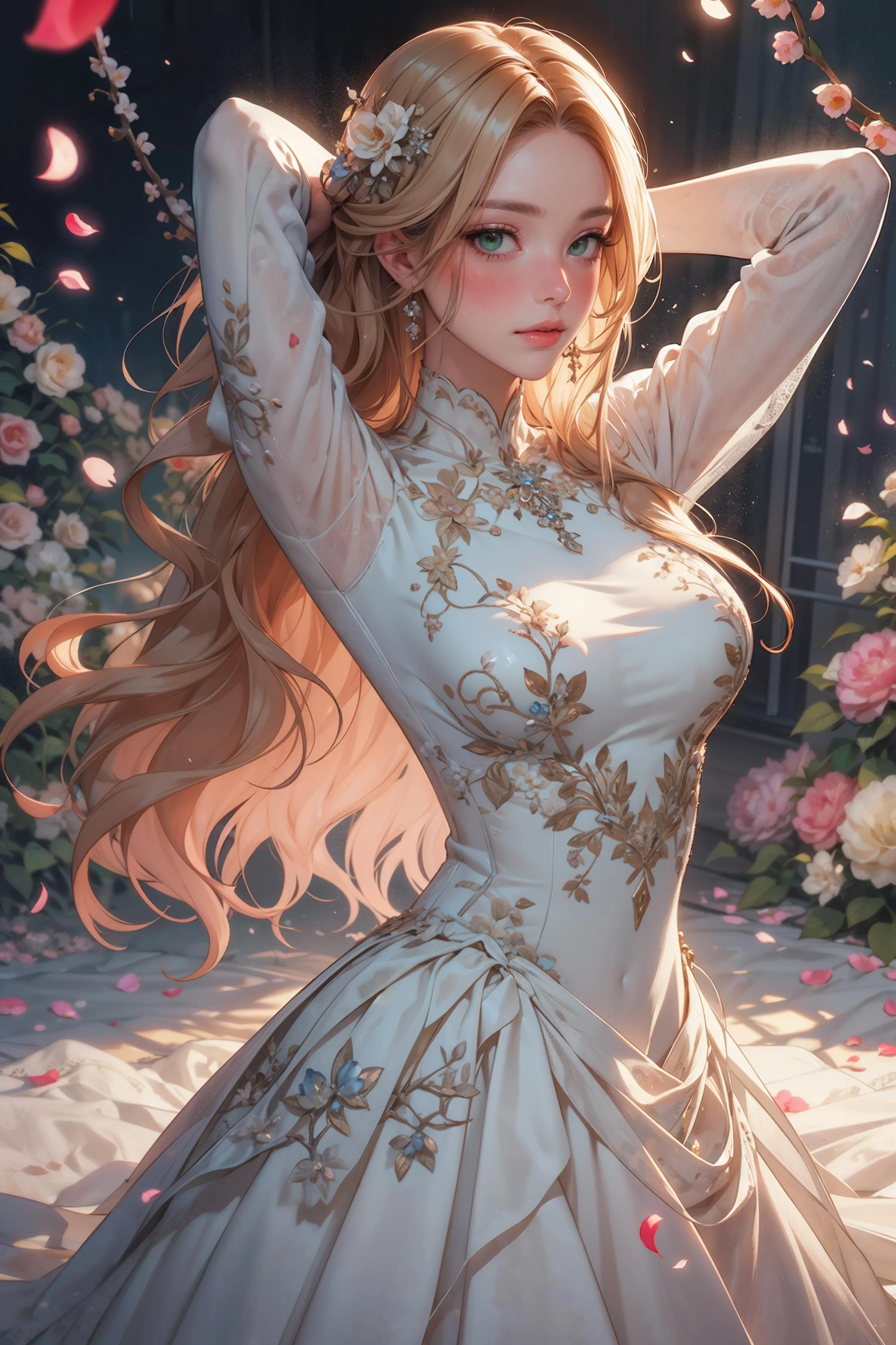 (masterpiece, best quality, ultra-detailed:1.3), 1girl, arms behind head, (smile:0.5) edgPetal, a woman wearing a white dress made of flower petals, wearing edgPetal, garden background, dimly lit BREAK (long blonde hair), mid parted hair <lora:edgPetalDress:1:LBW=0,0,0,0,0,0,0,1,1,1,1,0,0,0,0,0,0;> <lora:epiNoiseoffset_v2> <lora:LowRA:0.5>