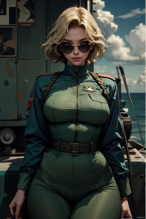 gwen tennyson,tracer,android 18,jill valentine,tomb raider,overwatch,1girl, close up,mecha pilot,ocean view,rose and white plugsuit,hair pin,pirate corset, steel long sleeve lycra top,orange leggings,short hair,cute makeup, green eyes,silver and golden hair,shy smile,freckles,blonde,beautiful girl,large breasts,ultra detailed,realistic,fantasy art,military uniform,police uniform,pilot scarf,pilot jacket,wet shirt,battleship,