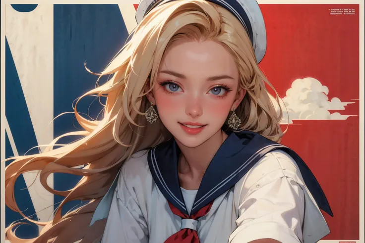 (masterpiece, best quality, ultra-detailed:1.3), 1girl, sailor, riding a horse, perfect female body, narrow waist, perfect curves, looking at viewer, (intricate detail, sexy, cool, alluring, erotic), parted lips, sailor uniform, white miniskirt, sailor hat, ocean, clouds, red scarf, (soviet poster:1.1) BREAK blonde hair, tied up hair, (laughing:1.1)  <lora:tools/epiNoiseoffset_v2>