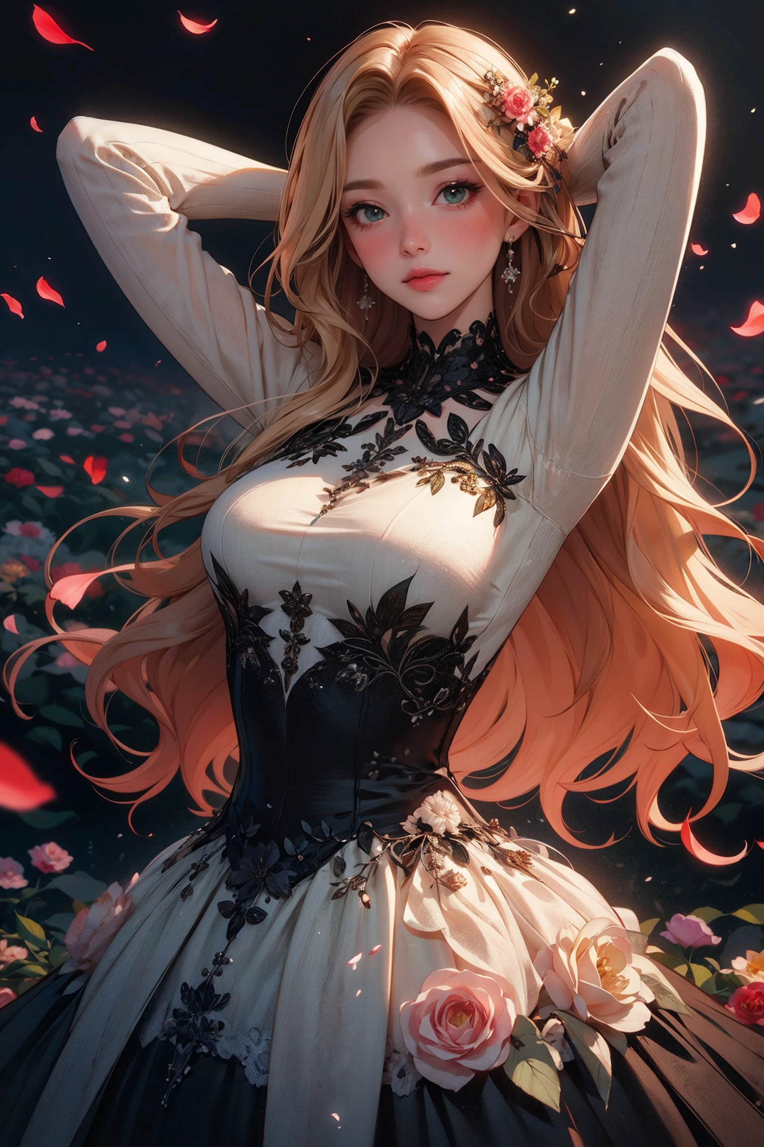 (masterpiece, best quality, ultra-detailed:1.3), 1girl, arms behind head, (smile:0.5) edgPetal, a woman wearing a black dress made of flower petals, wearing edgPetal, garden background, dimly lit BREAK (long blonde hair), mid parted hair <lora:edgPetalDress:1:LBW=0,0,0,0,0,0,0,1,1,1,1,0,0,0,0,0,0;> <lora:tools/epiNoiseoffset_v2> <lora:tools/LowRA:0.5>