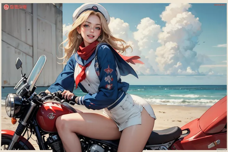 (masterpiece, best quality, ultra-detailed:1.3), 1girl, sailor, riding a motorcycle, perfect female body, narrow waist, perfect curves, looking at viewer, (intricate detail, sexy, cool, alluring, erotic), parted lips, sailor uniform, white miniskirt, sailor hat, ocean, clouds, red scarf, (soviet poster:1.1) BREAK blonde hair, tied up hair, (laughing:1.1) <lora:tools/epiNoiseoffset_v2>
