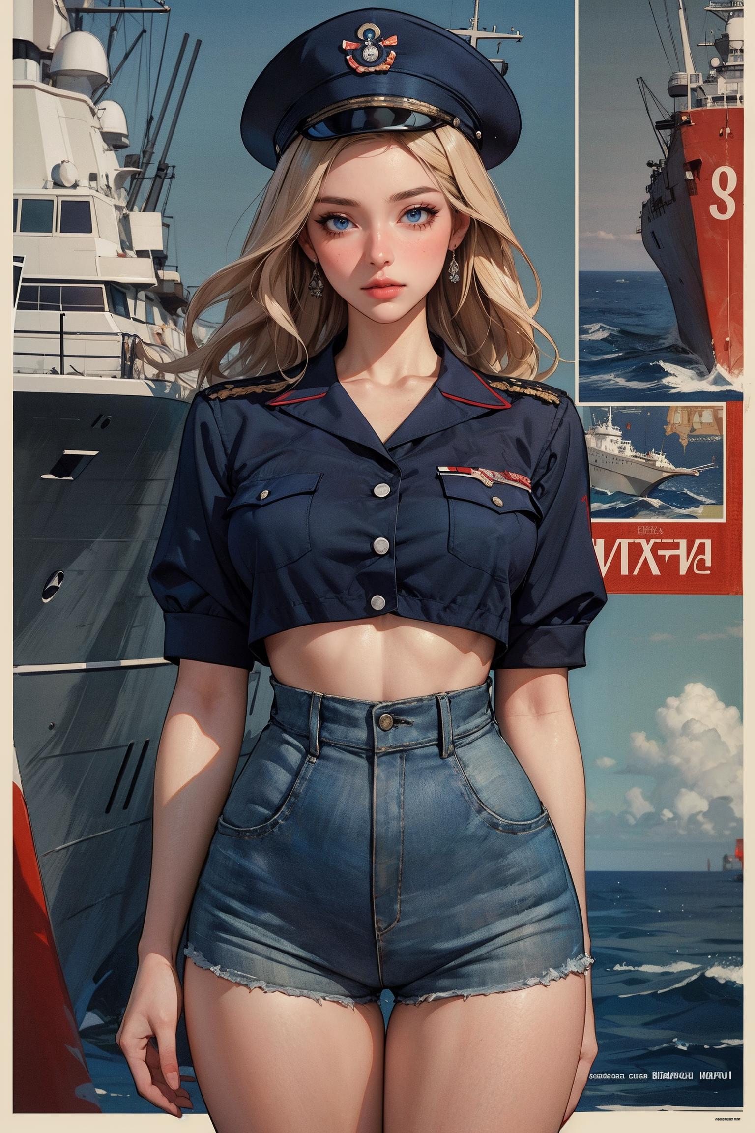 A close up of a woman in a uniform standing in front of a boat - SeaArt AI