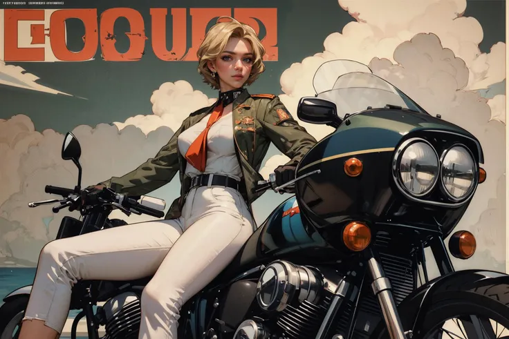 (masterpiece, best quality, ultra-detailed:1.3), perfect female body, riding a motorcycle, motorcycle, on motorcycle, narrow waist, perfect curves, ocean, clouds, 1girl, looking at viewer, (intricate detail, sexy, cool, alluring), white parade uniform, white pants, uniform, (soviet poster:1.1) BREAK short blonde hair <lora:tools/epiNoiseoffset_v2> <lora:themes/waifu_on_Motorcycle_v2:0.6>