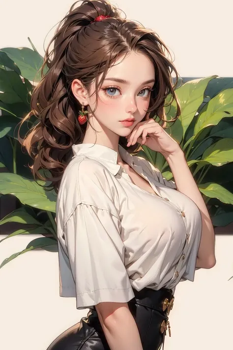 perfect face, perfect anatomy, ponytail, brown_hair, big tits, 20yo, 1girl, young woman, skin imperfection, pale skin, perfect face, puffy face, beautiful face, big eyes, puffy eyes, perfect eyes, eyelashes, full body, looking at viewer ,Botanical Gardens background , Copper eyes, Strawberry Blonde hair, Wavy Lob (Long Bob) hairstyle, medium hair,