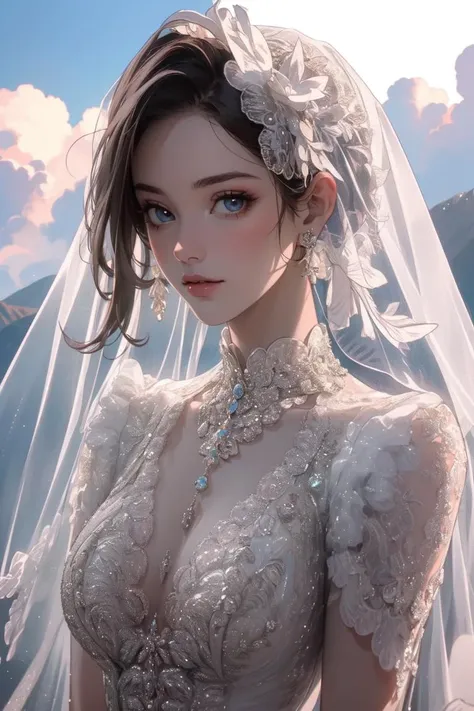 (masterpiece, best quality, ultra-detailed, hires, beautiful and aesthetic:1.3), upper body, portrait, looking at viewer, 1girl, solo, ruanyi0263, bridal veil, wedding dress, veil, white dress, bride, lace, shiny skin, beautiful face, beautiful eyes, outdoors, scenery, blue sky, clouds, sunshine, <lora:0263 Florence Dream_v1:0.9>