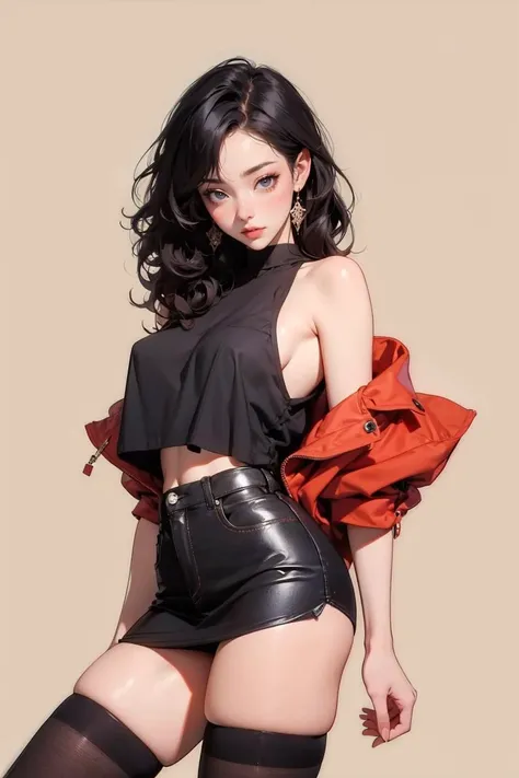 ((masterpiece, high quality, best quality, 8k, wallpaper, fine lineart, highly detailed, absurdres)), 1girl, korean popstar, thighhighs, miniskirt, high heels, mesh top, long black hair, pretty hands, cameltoe, curly hair,