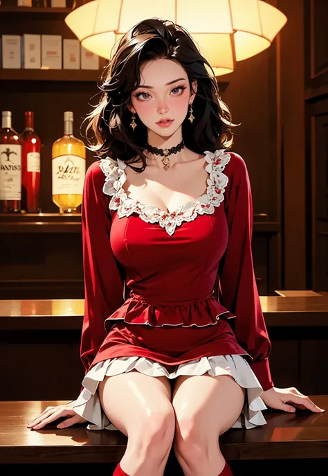 ((masterpiece, high quality, best quality, 8k, wallpaper, fine lineart, highly detailed, absurdres)), illustration, (manga:1.2), bar, night, ((perfect nsfw paint)), (t13r3dsk1rt, long sleeves,choker, red velvet dress, short dress, layered skirt, over-kneehighs,), intricate cinematic angle, (stunning milf), bartender, fashion model, firm, natural breast, smooth, <lora:t13r3dsk1rt:0.8>
