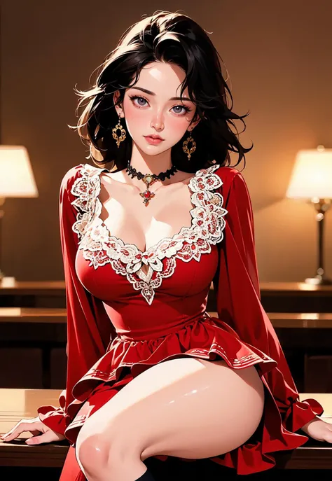 ((masterpiece, high quality, best quality, 8k, wallpaper, fine lineart, highly detailed, absurdres)), illustration, (manga:1.2), bar, night, ((perfect nsfw paint)), (t13r3dsk1rt, long sleeves,choker, red velvet dress, short dress, layered skirt, over-kneehighs,), intricate cinematic angle, (stunning milf), bartender, fashion model, firm, natural breast, smooth, <lora:t13r3dsk1rt:0.8>