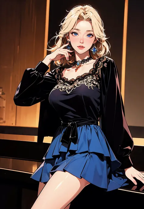 ((masterpiece, high quality, best quality, 8k, wallpaper, fine lineart, highly detailed, absurdres)), illustration, (manga:1.2), bar, night, ((perfect nsfw paint)),  (t13r3dsk1rt, long sleeves,choker, red velvet dress, short dress, layered skirt, over-kneehighs,), intricate cinematic angle,  (stunning milf), bartender, fashion model, firm, natural breast, smooth,  <lora:t13r3dsk1rt:0.8>