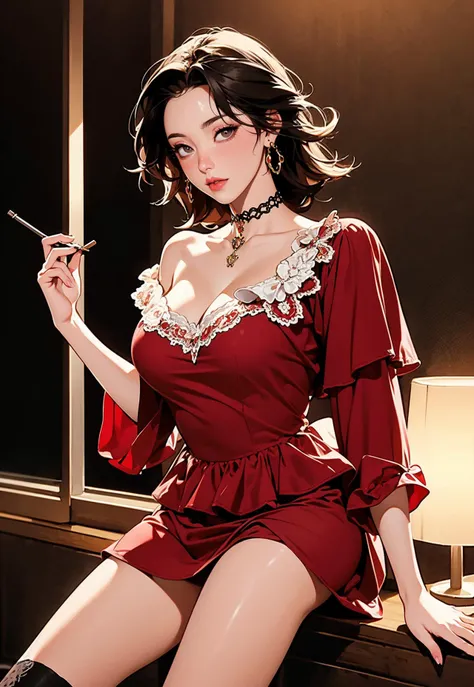 ((masterpiece, high quality, best quality, 8k, wallpaper, fine lineart, highly detailed, absurdres)), illustration, (manga:1.2), bar, night, ((perfect nsfw paint)), (t13r3dsk1rt, long sleeves,choker, red velvet dress, short dress, layered skirt, over-kneehighs,), intricate cinematic angle, (stunning milf), bartender, fashion model, firm, natural breast, smooth, <lora:t13r3dsk1rt:0.8>