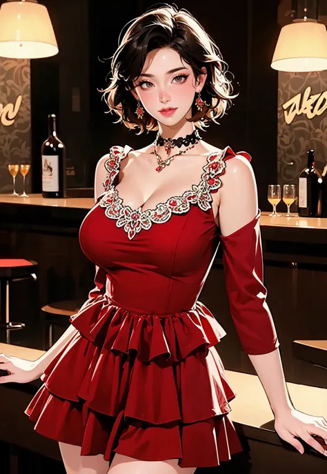 ((masterpiece, high quality, best quality, 8k, wallpaper, fine lineart, highly detailed, absurdres)), illustration, (manga:1.2), bar, night, ((perfect nsfw paint)),  (t13r3dsk1rt, long sleeves,choker, red velvet dress, short dress, layered skirt, over-kneehighs,), intricate cinematic angle,  (stunning milf), bartender, fashion model, firm, natural breast, smooth,  <lora:t13r3dsk1rt:0.8>