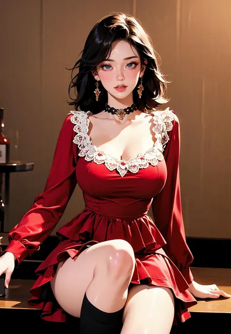 ((masterpiece, high quality, best quality, 8k, wallpaper, fine lineart, highly detailed, absurdres)), illustration, (manga:1.2), bar, night, ((perfect nsfw paint)), (t13r3dsk1rt, long sleeves,choker, red velvet dress, short dress, layered skirt, over-kneehighs,), intricate cinematic angle, (stunning milf), bartender, fashion model, firm, natural breast, smooth, <lora:t13r3dsk1rt:0.8>