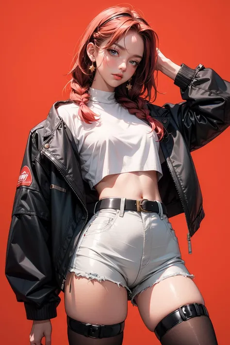 (masterpiece, best quality), absurdes, retro girl, Miami, sunset, Ferrari, palm tree, 90's, red hair, braids, white thighhighs, black top, short jacket, high waist, belt, latex shorts, puffy cameltoe, red background, <lora:GoodHands-beta2:1> <lora:add_detail:0.4>
