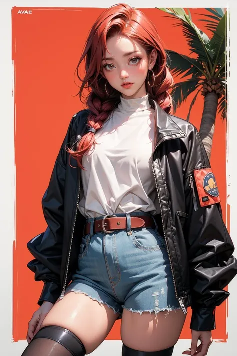 (masterpiece, best quality), absurdes, retro girl, Miami, sunset, Ferrari, palm tree, 90's, red hair, braids, white thighhighs, black top, short jacket, high waist, belt, latex shorts, puffy cameltoe, red background, <lora:GoodHands-beta2:1> <lora:add_detail:0.4>