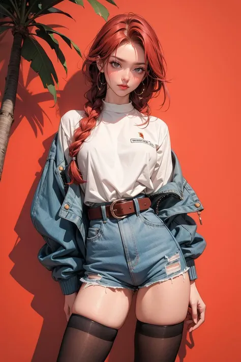 (masterpiece, best quality), absurdes, retro girl, Miami, sunset, Ferrari, palm tree, 90's, red hair, braids, white thighhighs, black top, short jacket, high waist, belt, puffy cameltoe, red background, <lora:GoodHands-beta2:1> <lora:add_detail:0.4>