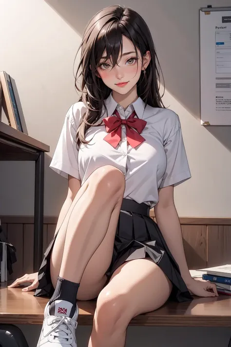 1girl, bare legs, black hair, blush, bow, bowtie, closed mouth, collared shirt, dress shirt, flashing, white shirt, hair between eyes, indoors, knee up, lips, long hair, looking at viewer, miniskirt, pleated skirt, red ribbon, reflection, school uniform, shiny skin, shirt, short sleeves, sitting, skirt, large breasts, smile, sneakers, solo, yellow eyes, masterpiece, best quality, highres, official art, extremely detailed cg unity 8k wallpaper