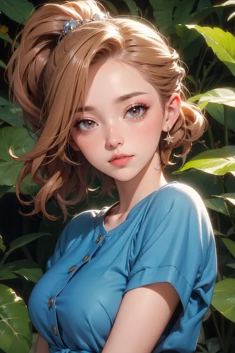 perfect face, perfect anatomy, ponytail, brown_hair, big tits, 20yo, 1girl, young woman, skin imperfection, pale skin, perfect face, puffy face, beautiful face, big eyes, puffy eyes, perfect eyes, eyelashes, full body, looking at viewer ,Botanical Gardens background , Copper eyes, Strawberry Blonde hair, Wavy Lob (Long Bob) hairstyle, medium hair,