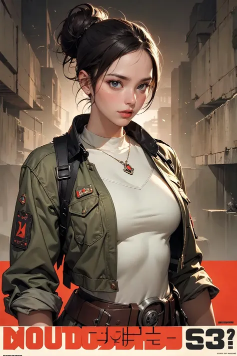 (masterpiece, best quality, hires, high resolution:1.2), (extremely detailed, realistic, intricate details, highres), 3d, cg, woman, (brutalist style:1.6), heavy steampunk armor, muscular, abs, shiny skin, black hair, bun, science fiction, (cinematic lighting, sunlight, volumetric), looking at viewer, eye-level shot, close-up shot, simple red background, vintage fantasy, 1960s \(style\), film grain, (atompunkstylesd15:1.0), (soviet poster:1.4),