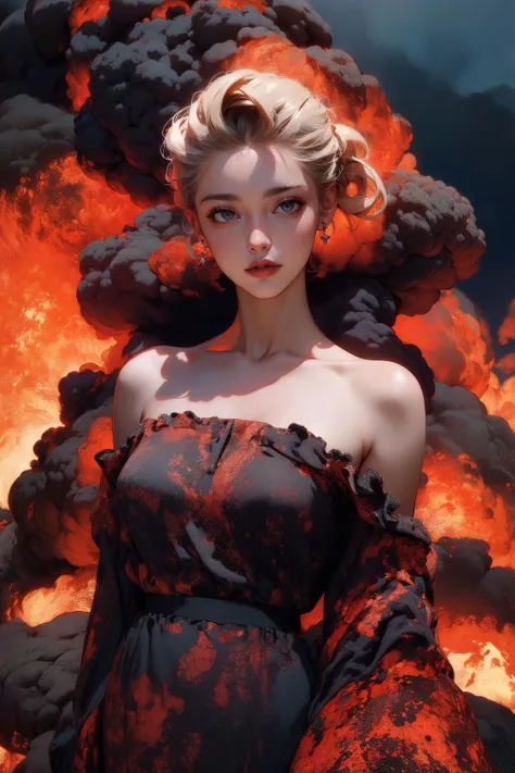 (masterpiece, best quality), absurdes, 1girl, beautiful girl, dark braided hair, full sharp, detailed face, stunning face, (high detailed skin:1.2), <lora:v4lc4n0:1>, v4lc4n0, bare shoulders, black and red dress, strapless, gown, volcano, lava, magma, smoke, magma rock, heavy smoke, dark, dark sky, storm clouds, <lora:Astra3D:0.7>