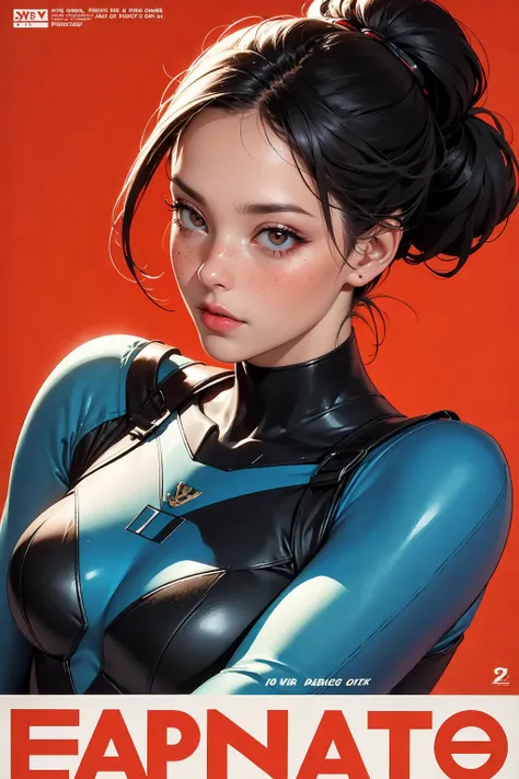 (masterpiece, best quality, hires, high resolution:1.2), (extremely detailed, realistic, intricate details, highres), 3d, cg, woman, muscular, abs, shiny skin, black hair, blush, freckles, eyeliner, eyeshadow, eyelashes, bun, plugsuit, science fiction, (cinematic lighting, sunlight, volumetric), looking at viewer, eye-level shot, close-up shot, simple red background, vintage fantasy, 1960s \(style\), film grain, (atompunkstylesd15:1.0), (soviet poster:1.4),