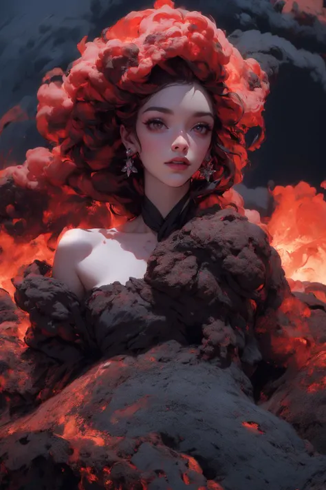 (masterpiece, best quality), absurdes, 1girl, beautiful girl, dark braided hair, full sharp, detailed face, stunning face, (high detailed skin:1.2), <lora:v4lc4n0:1>, v4lc4n0, bare shoulders, black and red dress, strapless, gown, volcano, lava, magma, smoke, magma rock, heavy smoke, dark, dark sky, storm clouds, <lora:Astra3D:0.7>