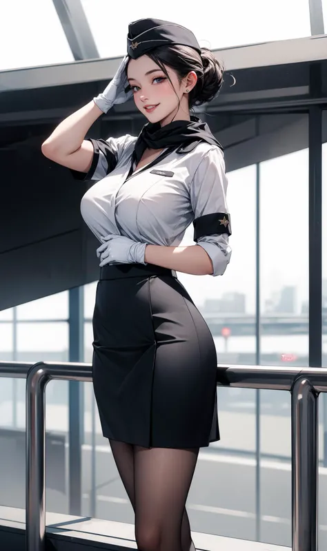 nsfw, (1girl:1.3), (solo:1.3), Stewardess, (black uniform), (cropped skirt:1.4), (standing), oily skin, slim, white gloves, salute, short scarf, black updo, garrison cap, [grin:0.7], saggy huge breasts, airport, high heels, facing view, (best quality, realistic, highres), <lora:add_detail:0.7> <lora:russianStewardess_v10:0.6>
