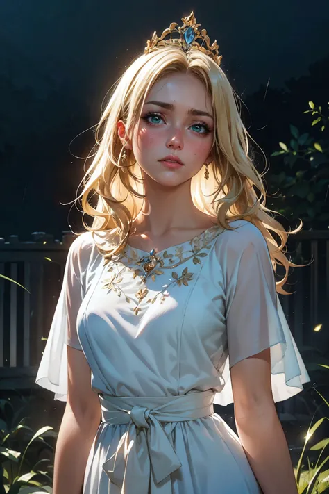 ultra realistic 8k, picture-perfect face, flawless, clean, masterpiece, cinematic lighting, cinematic bloom, perfect face, beautiful face, extremely detailed eyes,  a woman in a (white dress) standing outside on a pitch black night in the rain, golden tiara, concerned expression, perfect female waist,  hyperrealistic photography, extremely detailed CG unity 8k wallpaper, HDR, RAW photo, dslr, intricate detail, cute, magical, enchanting, parted lips, vibrant lighting, vibrant colors, (masterpiece, best quality, ultra-detailed, best shadow) BREAK  (blonde hair, mid parted hair, straight hair, long hair:1.2)   <lora:tools\epiNoiseoffset_v2>