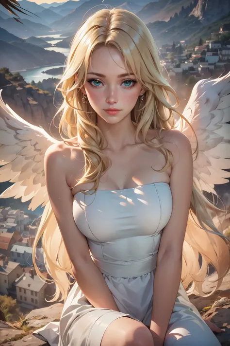((8K, Best quality, High-Resolution:1.35, Raw photo:1.2, Photorealsitic:1.37, masterpiece: 1.25)), Sweatiness:0.2, Dramatic lighting, photon mapping, radiosity, symmetry, complexity, elegance, anatomically correct, ((1 girl)), medium breast, ((long blond hair, blue eyes: 1.2)), (long eyelashes), eye shadow, natural makeup, clear facial features, alluring, attractive, curvy build, (exposed cleavage), showing stomach, ((sexy white robes:1.35)), angel, halo, angelic, white angel wings, heaven, holy light