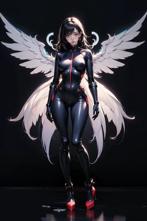 ((masterpiece, high quality, best quality, 8k, wallpaper, detailed)), 1girl, korean popstar, cybernetic bodysuit, high heels, futuristic, long legs, skinny, black hair, pretty hands, cameltoe, fringe, full body, mechanical arms, mechanical wings, dark background, huge wide breasts,