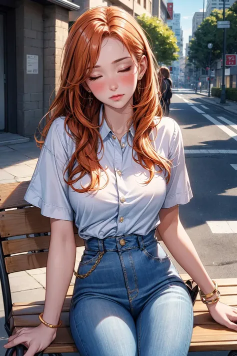 a cute girl, perfect face, detailed background, extremely detailed cg unity 8k wallpaper, highres, shiny skin, <lora:GoodHands-vanilla:1>, <lora:add_detail:0.6>, <lora:nami_final_offset:0.6>, make up, bangle, bangs, bracelet, long hair, brown eyes, earrings, jewelry, orange hair, sidelocks, outdoors, sitting on bench, blush, closed eyes, street, summer_uniform,
