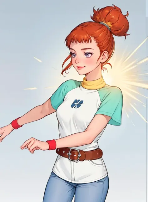 Epic Illustration Art representation of <lora:Rika_Digimon:0.8>, zzRika, purple eyes, orange hair, ponytail, short hair, raglan sleeves, belt, shirt, pants, wristband, BREAK, side view, hip to the side, contrapposto, <lora:ParIllu:0.42>, A graceful adult woman with a smooth, pristine complexion, showcasing her cute snub nose and gently pouty mouth. She poses with a cheerful expression, capturing her youthful allure. The scene is set with an athletic, action-filled light that emphasizes the energy and motion of the environment. The delicate bokeh effect adds a touch of warmth, enhancing the vibrant and dynamic spirit of the setting. . striking artpiece, Clean and defined lines, precise outlining, elaborate features, sophisticated, refined, fancy style, sleek, neat style, elevated and lofty features, precise and clean structured, intricate, symmetrical, precision, clean lines