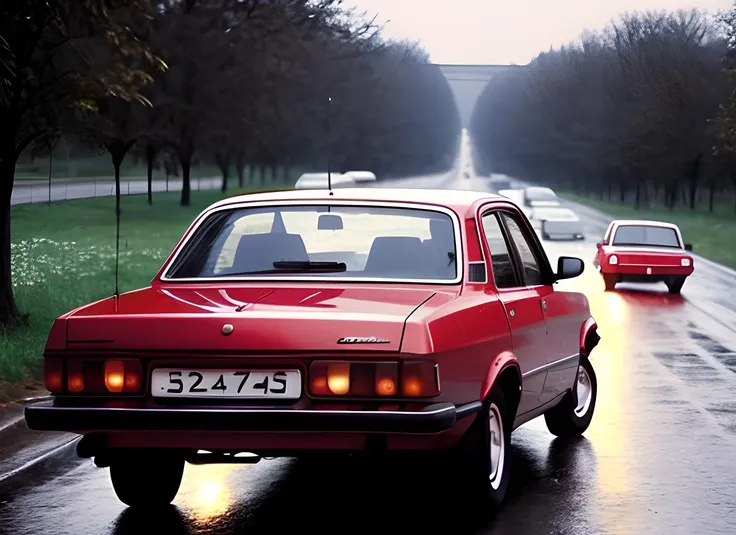 a photo of a car gaz3102 with a driver moving down a street 1980s in Russia, (view from the back:1.4), (night:1.2), automne, rainy, dark sky <lora:gaz31023102_gaz3102:0.75>