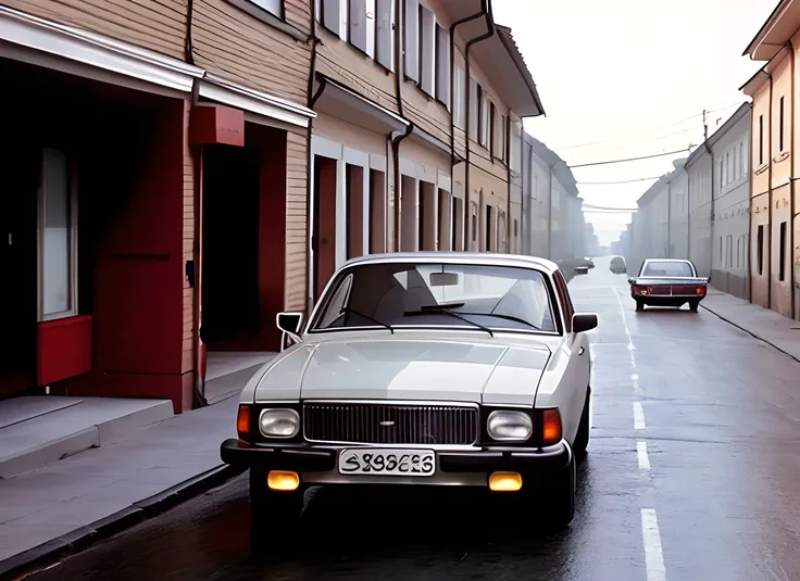 a photo of a car gaz3102 with a driver moving down a street 1980s in Russia <lora:gaz31023102_gaz3102:0.75>
