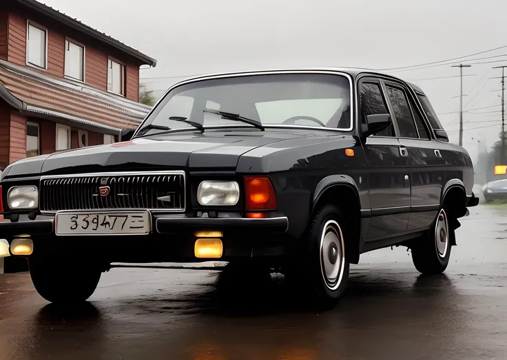 a photo of a car gaz3102 with a driver moving down a street 1980s in Russia, (view from the back:1.4), (night:1.2), automne, rainy, dark sky <lora:gaz31023102_gaz3102:1.0>