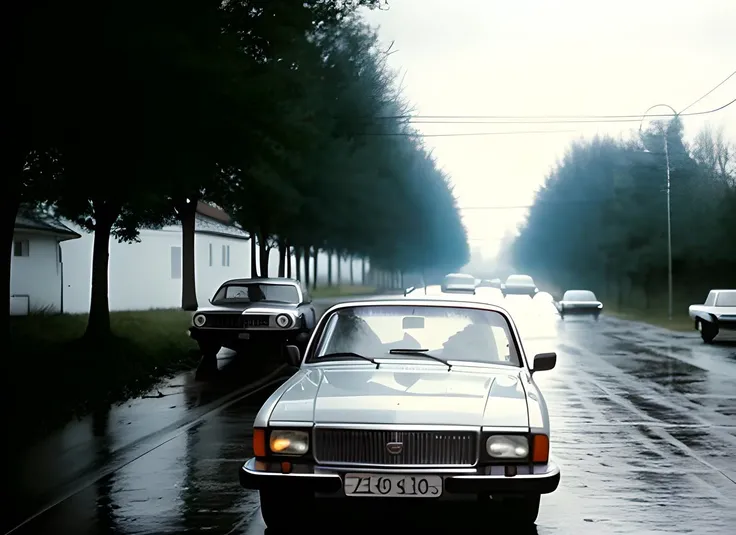 a photo of a car gaz3102 with a driver moving down a street 1980s in Russia, view   from behinde,  night, automne, rainy <lora:gaz31023102_gaz3102:0.75>