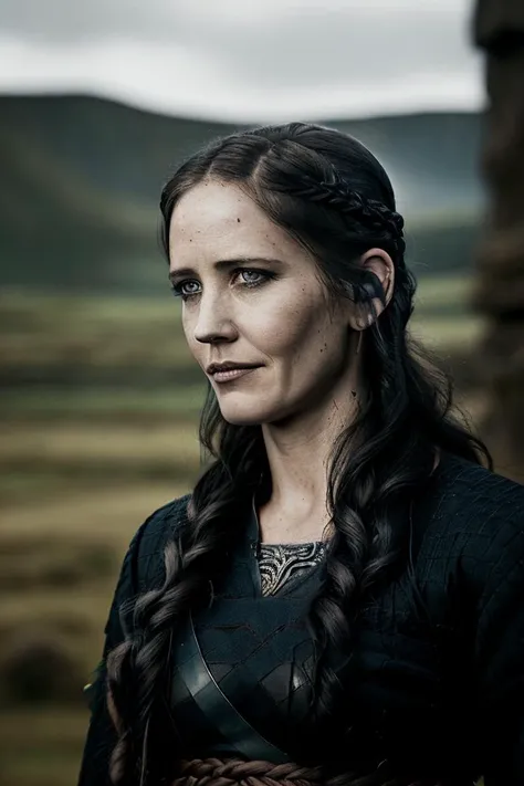 waist up portrait photo, (evgreen:1.2), (35 years old woman) as (viking shieldmaiden:1.3), black hair, (front facing:1.1), epic character composition, natural lighting, subsurface scattering, f2, 35mm, (film grain:1.1), <lyco:EvaGreenDogu:1>