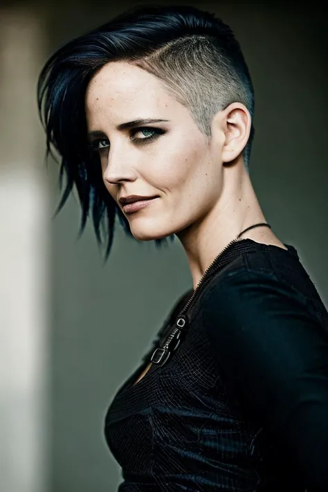 waist up portrait photo, (evgreen:1.2), cyberpunk mohawk haircut, (front facing:1.1), epic character composition, natural lighting, subsurface scattering, f2, 35mm, (film grain:1.1), <lyco:EvaGreenDogu:1>
