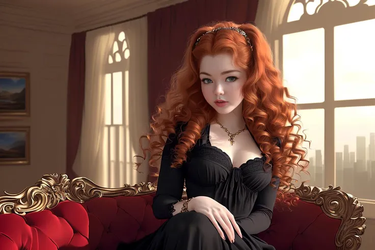 a super realistic photo of (littlebruke), a woman like a star, (incredibly attractive), model shoot style, (extremely detailed CG unity 8k wallpaper), photo of the most beautiful work of art in the world, majestic professional oil painting by Ed Blinkey, Atey Ghailan , Studio Ghibli, by Jeremy Mann, Greg Manchess, Antonio Moro, trending on ArtStation, trending on CGSociety, Intricate, High Detail, Sharp Focus, Dramatic, Photorealistic painting by midjourney and greg rutkowski, (waist chain) ((in photography studio)), ((sitting on a red sofa)), ((photographers in the background)), (looking at viewer), (detailed students:1.3), (elegant black dress :1.2), (close-up:1.0), (long curly hair) (fat:0.5) (smile:1.5)